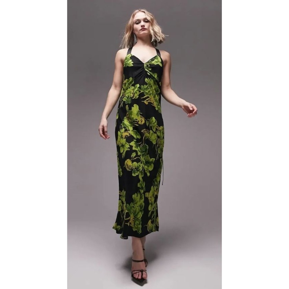 Topshop Women's Floral Print Crossback Long Strap Maxi Dress Black Green Size 8